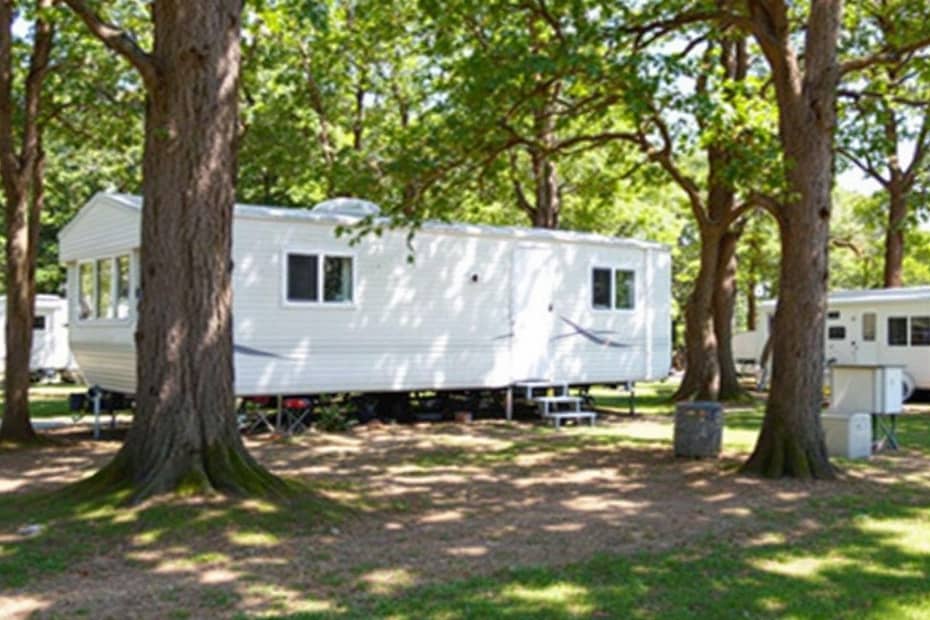 Caravane immobilisée dans un camping ombragé et verdoyant