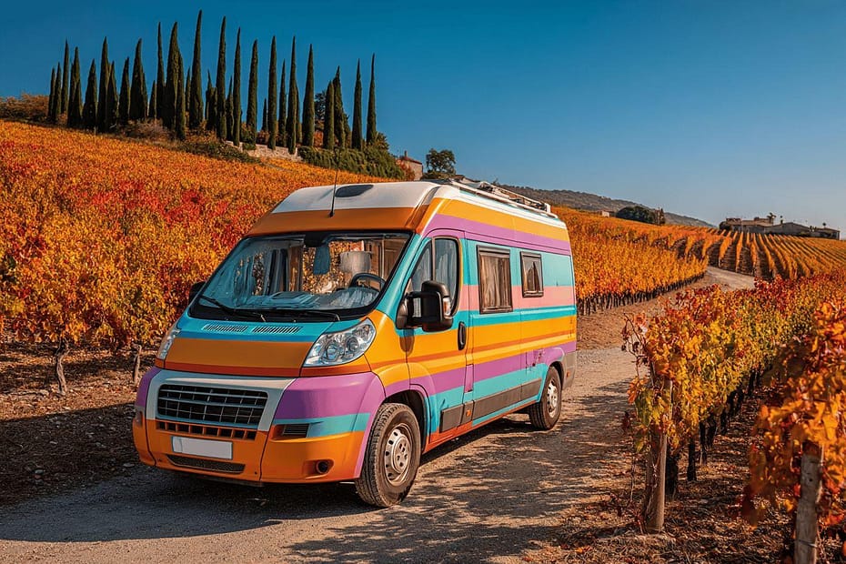 Camping-car multicolore stationné entre des rangées de vignes automnales
