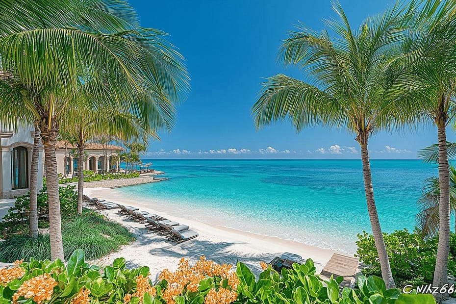 Plage de sable blanc, mer turquoise et palmiers luxuriants