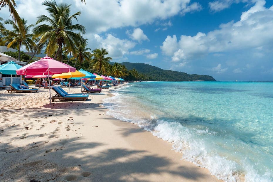 Plage de sable blanc avec palmiers et chaises longues colorées