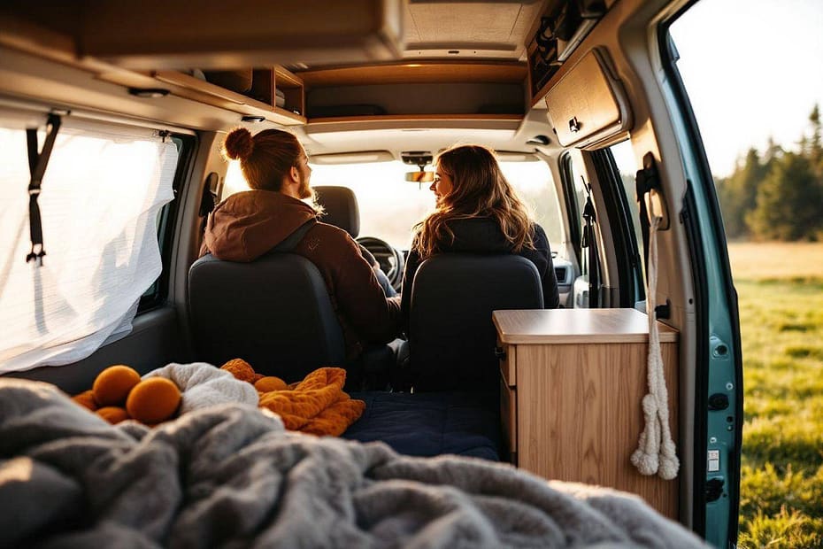 Deux personnes dans un van, vue de l'intérieur, paysage verdoyant