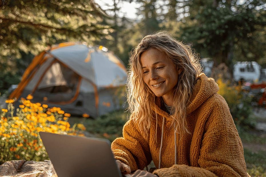 Femme souriante dans un sweat jaune utilisant un ordinateur portable