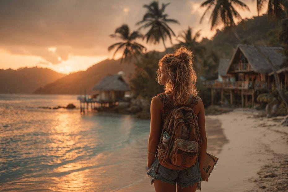 Femme de dos sur une plage tropicale au crépuscule