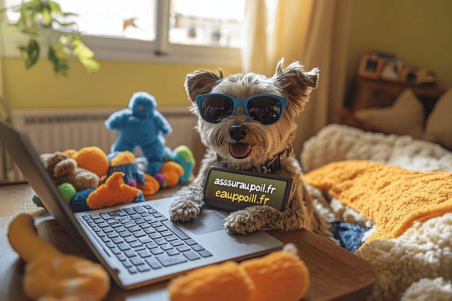 Chien à lunettes de soleil avec ordinateur portable et jouets