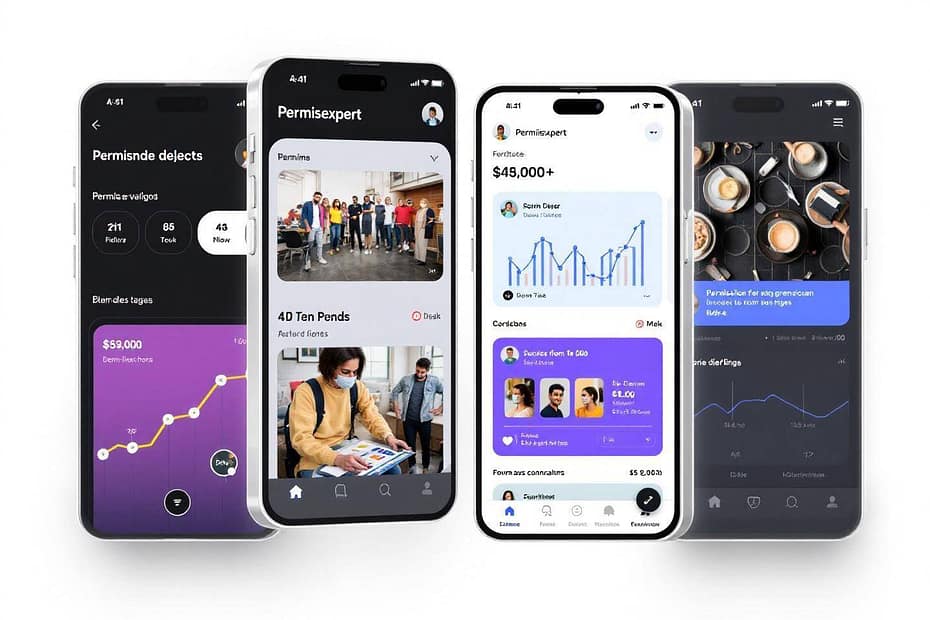 Plusieurs écrans d'application mobile montrant des graphiques et statistiques