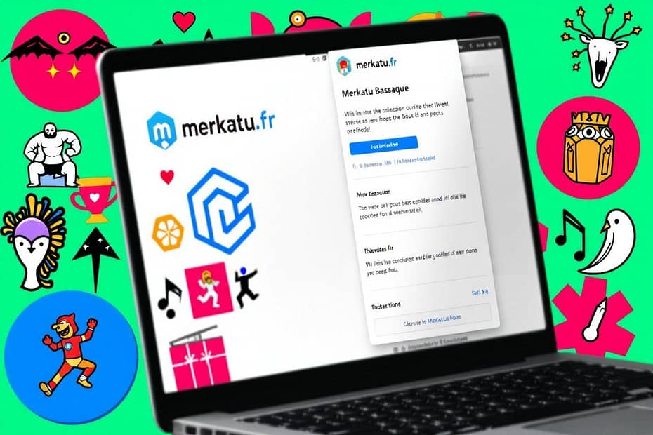 Écran d'ordinateur portable avec site Merkatu et icônes colorées